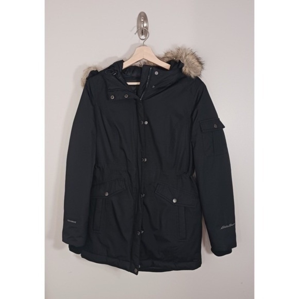 Eddie Bauer Black Down Parka Faux Fur Hood Insulated Winter Coat Women's Size S